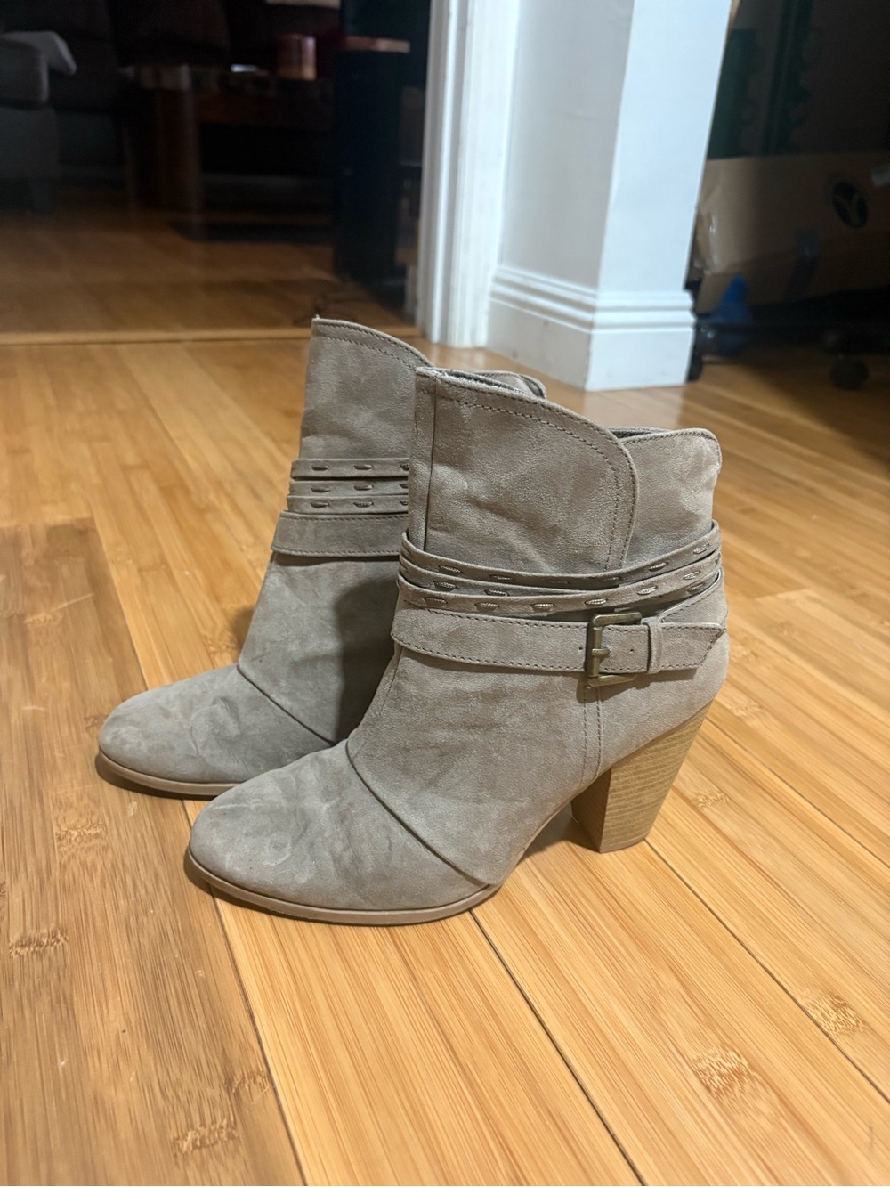 Women's Taupe Suede Stacked Heel Ankle Booties with Strap and Buckle